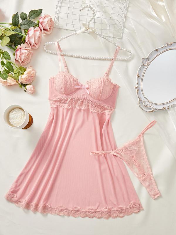 Women's Contrast Lace Bow Decor Cami Nightdress & Thong Tulle Sleepwear Two-Piece Set, Fashion Sheer Spaghetti Strap Sleeveless Nightgown & Panty Set, Ladies Sleepwear for All Seasons